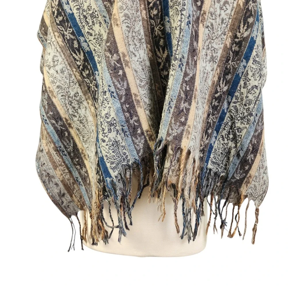 Essential Classics‎ 100% Wool Paisley Stripe Wrap Shawl Scarf Blue Brown India